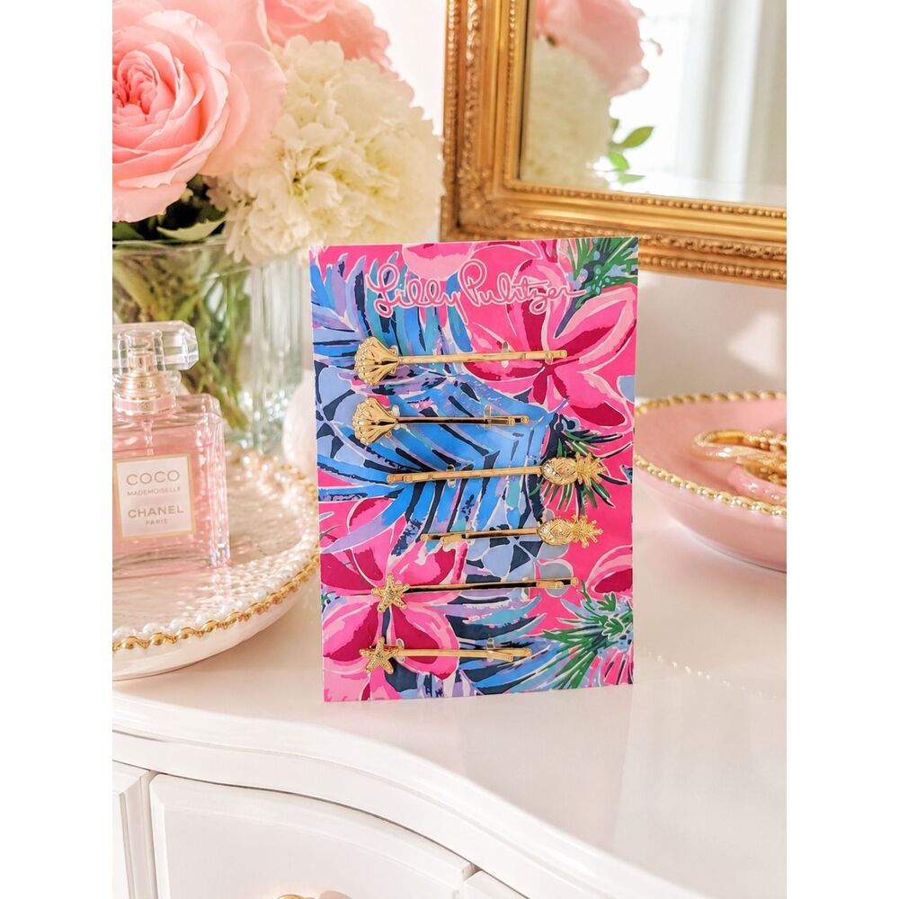 Lilly Pulitzer Gold Hair Pins Set of 6 NWT Pineapples Starfish Clamshells Preppy